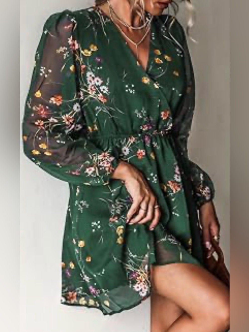 Cupshe Dark Green Floral Long-Sleeve Chiffon Dress